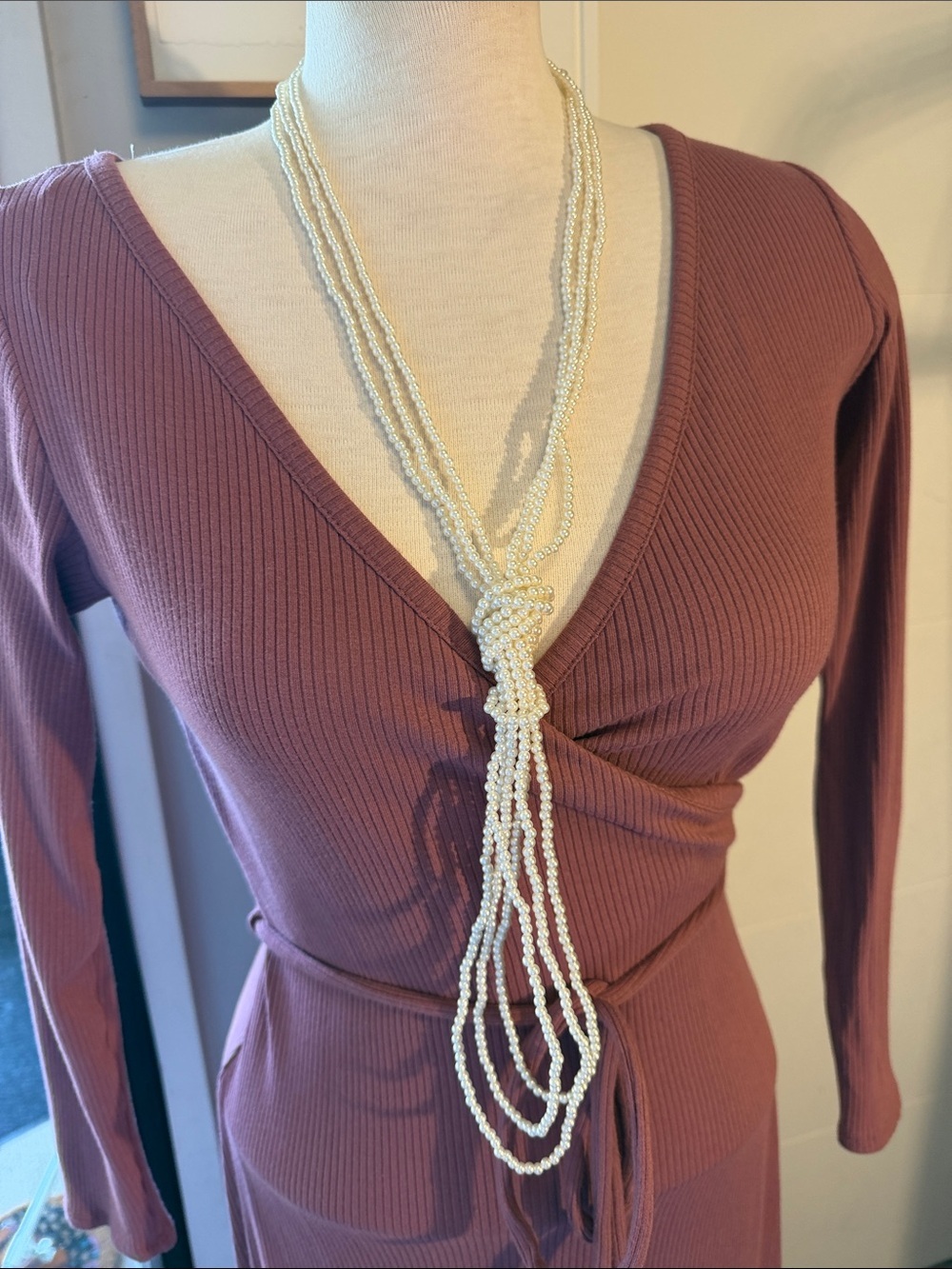 Elegant Ivory Triple Strand Pearl Knot Necklace